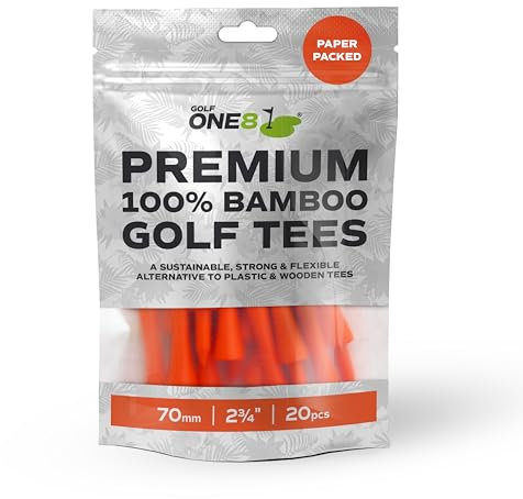 Golf One8 Orange Golf Tees , 2 3/4 Inch - 70mm ,20 Tees , Premium 100% Bambo Orange Golf Tees , 100% Bamboo , 100% Sustainable , 100% Biodegradable