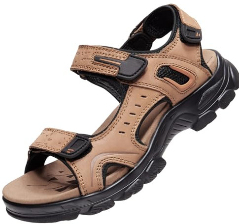 OutPro Herren Ledersandalen, sportSandalenherren, Sommer, offener Zehenbereich, Klettverschluss, Wandern, Outdoor, Strand,Camel 46