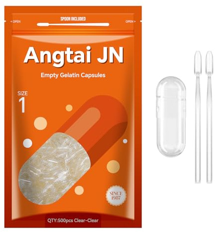 AngtaiJN Capsule Gelatina Vuote 1-Capsule Vuote Trasparenti da Riempire con 2 Microcucchiai, Capsula di Gelatina 1 Fai Da Te Compatibile con il Riempitore di Capsule Misura 1, 500 pezzi
