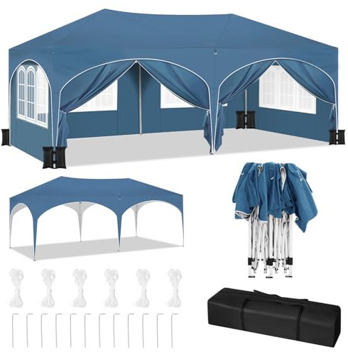 WOLTU Pabellón de Jardín Cenador Plegable Pérgola con Techo Carpa para Exteriores de Tela Oxford 3x6m,con Paredes Laterales, Camping y Playa,4PCS Bolsas de Arena Vacía para Carpas,Azul
