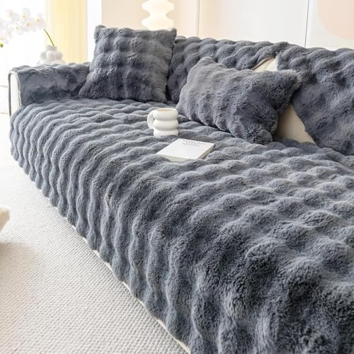 Warm Faux Rabbit Fur Couch Cover, Non Slip Sofa Cover(90x210cm, Dark Grey) | Fuzzy Sofa Cover for 4 seater, L Shape Sofa Protectors from Pets, Soft Skin Friendly Slipcover, Plush Couch Cover Washable