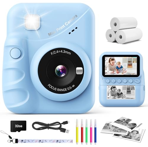 CalineGam Barnkamera direkttryck, 3,0 tum skärm 48 MP foto omedelbar kamera för barn med 32 GB kort, 1080P HD digital barn utskrivbar kamera, present till 3-12 år gamla flickor pojkar (blå)