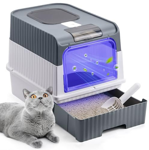 Katzenklo, Katzentoilette mit UV-Sterilisation, Großes Katzenklo mit Deckel, Geruchskontrolle, Katzenklo Geschlossen mit Schaufel & Schublade, Katzenklo groß, Leichte Reinigung, 48x35x36cm, Grau