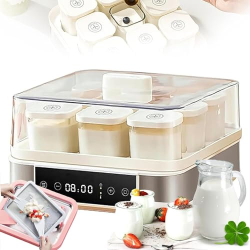Yogurtera automática pequeña con 9 tarros de cristal de 170 ml, yogurtera digital con temperatura y temporizador ajustables, máquina de fermentación de vino de arroz 40W con 2 bandejas para helado