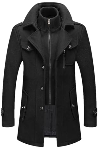 ANUFER Hombre Aislado Mezcla de Lana Gabardina Botonadura Sencilla Invierno Abrigo con Cuello Interior Desmontable SN0711180 Negro XL
