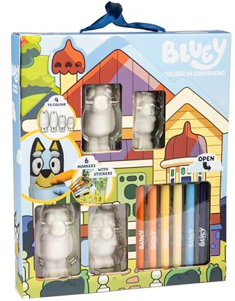 Blåfärgad färg i Squishems set – inkluderar blå, bingo, bandit och chili Squishems, 6 filtspetspennor och klistermärkesark för barn kreativ lekgåva 3+