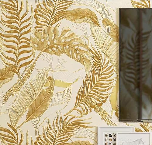 BaierSai 9.5X0.53m Abstract Nordic Style Shiny Banana Leaves Matt 6 Colors Waterproof Embossed Textured PVC Wallpaper Roll for Bedroom Livingroom 1.73' W x 31.2' L=5.035㎡ (54sq.ft) (Light Gold)