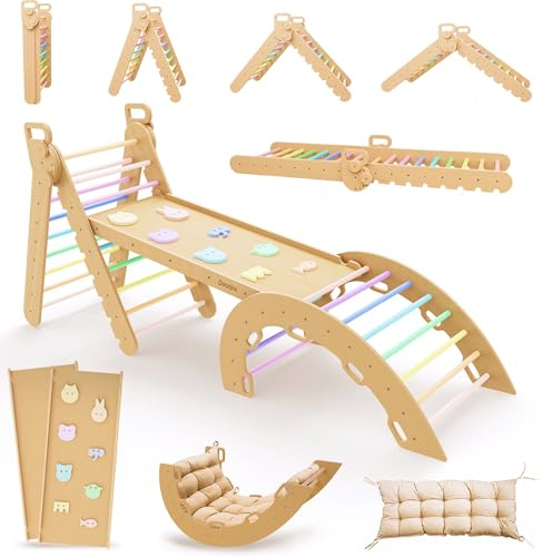 Duanico 9en1 Montessori triangulo pikler Grande de 1 a 7+ años, 5 ángulos Ajustables, Parque Infantil Exterior y Interior en Madera para la Escalada con Arco pikler y rampa Pickler para niños