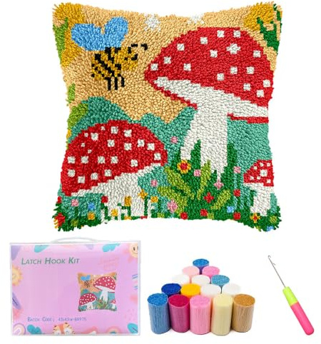 Kaseremy Latch Hook Cushion Kits for Adults Beginners, Pre-Printed Cushion Covers for Crafting, Crochet Craft Kits DIY Animal Pillow Case Sofa Home Decor (Mushroom Bee)