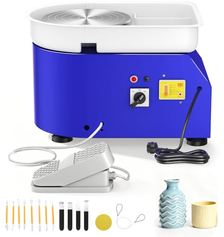 Couleeur Tornio per Ceramica,350W 25CM Tornio per Argilla con a velocità Regolabile 300rpm, Tornio Ceramica Elettrico con Pedali Ceramica, Kit Strumenti di Intaglio per Adulti, Bambini(Blu)