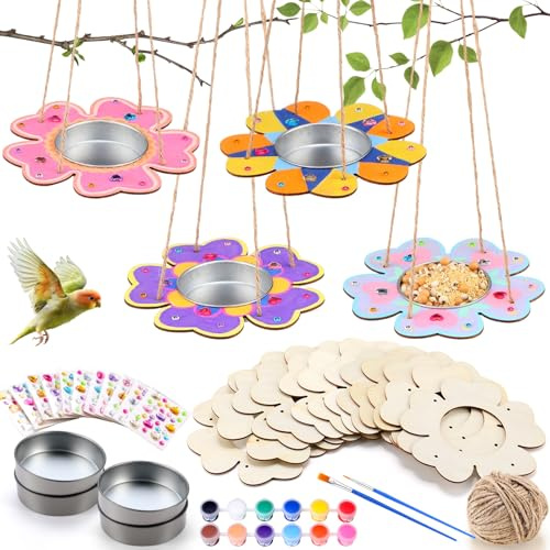CroBlissful 12 Pack Bird Feeder Craft Kits for Kids DIY Your Own Bird Feeders with Paint and Paintbrushes Wooden Arts and Crafts for Kid Ornaments to Paint Feeders Craft for Garden (Petal Shaped)
