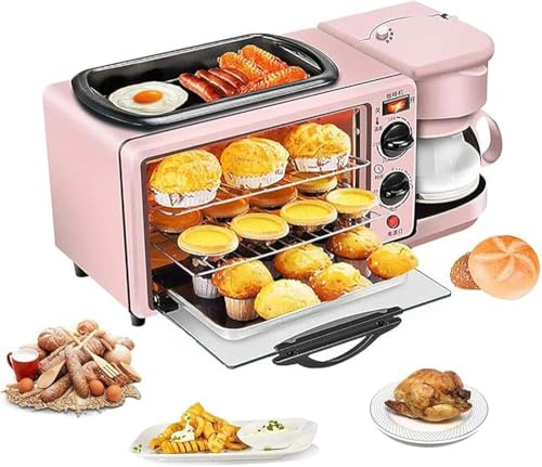 Macchina elettrica per la colazione, stazione per la colazione 3 in 1 con pentola da 1,2 l, area di cottura di grande capacità da 9 l e macchina per il caffè, controllo della temperatura d(Color:Rosa)