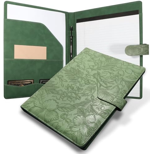 Professional Padfolio Portfolio Binder, Textured Embossing Faux Leather Folder Organizer for Letter Size Legal Pad Notepad Resume, Card Holder for Women Men Business Office Conference (Green)
