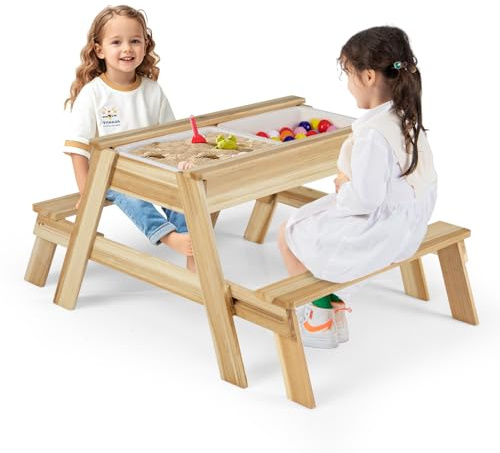 COSTWAY Arenero Infantil, Juego 4 en 1 con Mesa y Bancos de Madera con Tapa Extraíble y 2 Cajas de Almacenaje, Mesita de Actividades de Arena y Agua, Mobiliario de Exterior para Jardín, Patio