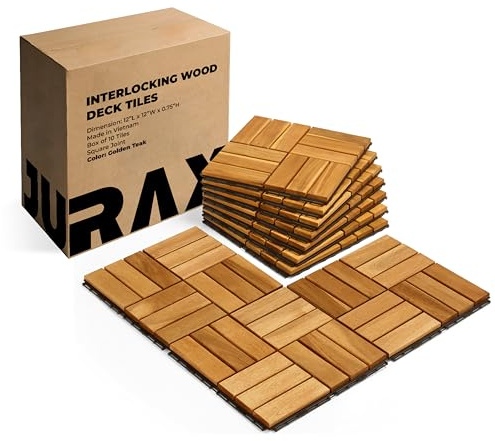 Premium Interlocking Deck Tiles, 10 PCs 12”x12” Snap Together Patio Flooring for Outdoor, Balcony, Porch, Poolside, Waterproof All Weather (Golden Teak)