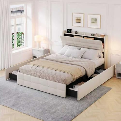 Jtyca Double Bed Frame with Storage, 4ft6 Upholstered Bed with 4 Drawers and Side Pocket, Storage Bed with USB and Type-C Ports, Wooden Slats, Grey, 135x190 cm (No Mattress)