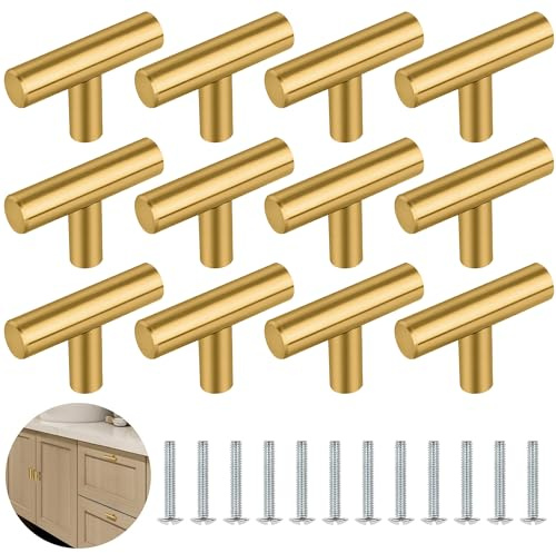 YSDMY Poignee de Meuble 12 Pièces Boutons de Porte 50MM Tiroir de Porte Poignée en T,bouton de meuble vintage pour Le Matériel de Meubles de Garde-robe de Placard(Doré)