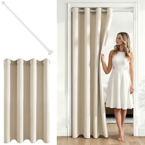 MRTREES Cortina Opacas Puerta Beige con Barra Telescópica 1 Pieza 140x195cm