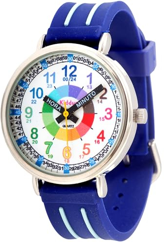 Kiddus Lern Armbanduhr für Kinder, Jungen und Mädchen. Analoge Armbanduhr mit Übungen zum Erlernen der Uhrzeit. Entworfen in Barcelona