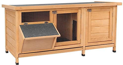 PawHut Kleintierstall Kleintierkäfig mit Bodenwanne Kleintierhaus mit Asphaltdach und Futtertrog Outdoor Indoor Tannenholz Natur+Schwarz 112 x 50 x 54 cm