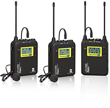 LENSGO Wireless Lavalier Microphone System, LWM-328C 99-Channel UHF Professional Omnidirectional Wireless Lapel Mic with 2 Transmitter & 1 Receiver for Camera Camcorder Recorder PC Smartphone