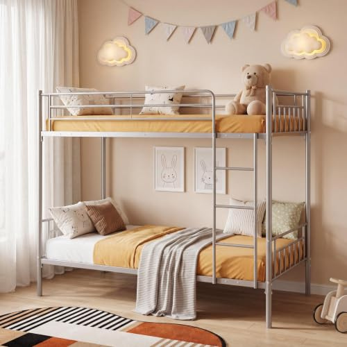 Panana Silver Metal Bunk Bed Frame,Twin Loft Beds Frame with Ladder | Single Over Single,Steady Metal Slats for Kids Adult Twins,Strong Iron Bedstead,Easy Assembly