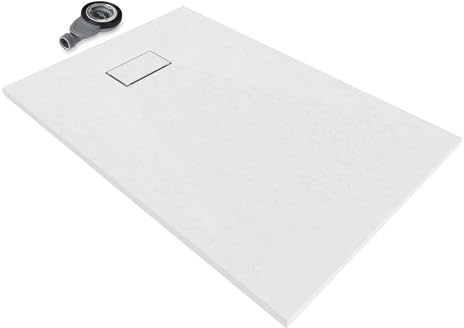 Moments of Glass SMC BOREAL Duschwanne 120x80 cm – extra flache Duschtasse (26 mm), rutschfest & robust, Schieferoptik, inkl. Ablaufgarnitur mit Deckel, Weiß