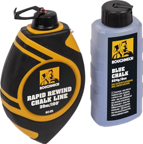 Roughneck Rapid Rewind Chalk Line Set with 6:1 Gear Ratio, 15kg High-Strength Nylon Line, Impact-Resistant Case, Handle Drive Release & Foldaway Crank, Quick Fill System with 8oz Blue Chalk