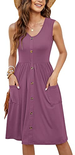 MOLERANI Damen Casual Kleider Plissee V-Ausschnitt ärmellos Button-Down einfarbige Sommerkleider(Mauve,L)