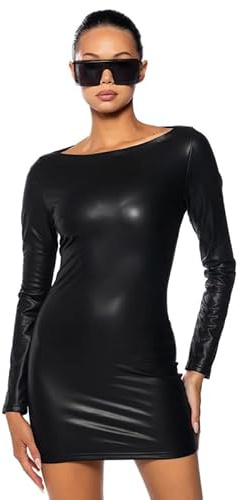 BODYWEAR LTD Women's Wet Look Faux Leather Bodycon Mini Dress – Long Sleeve Stretchy PU Party Clubwear Outfit – Slim Fit Round Neck Pullover Dress Clubwear (S-M, Black)