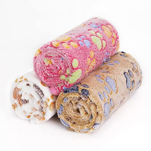 Comsmart Dog & Cat Blanket, Cute Paw Print, Soft Warm Fleece Throw for Small to Large Dogs, Puppy, Kitten, Guinea Pig (Brown/Pink/White, 1 Pack 3, 24 * 32in)