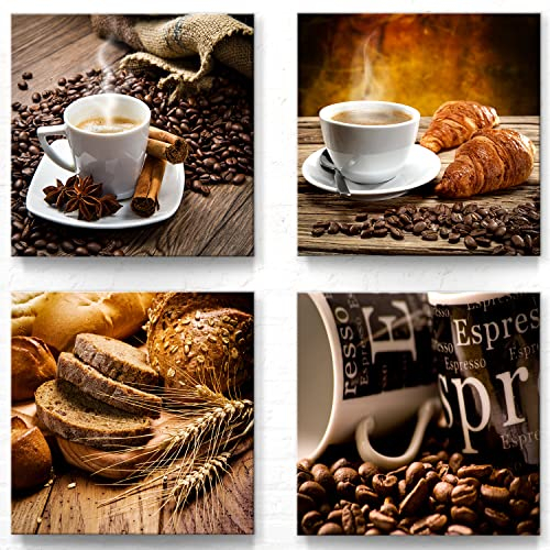 4 moderne Leinwand-Bilder zur Dekoration - jedes Bild ist 30x30cm - ideale Wanddekoration für Küchen, Esszimmer, Restaurant, Gaststätte, braune quadratische Wandbilder von Kaffee, Frühstück, Set-D