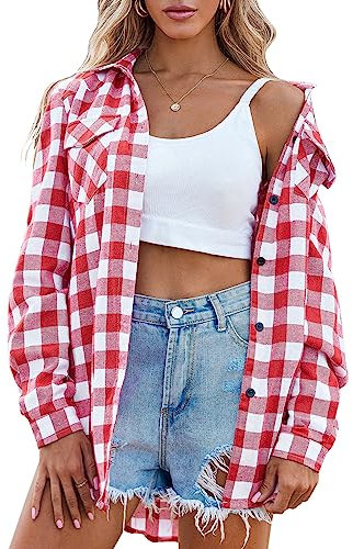 Zeagoo Damen Kariert Bluse Shirt V Ausschnitt Trachtenbluse 3/4 Ärmeln Oktoberfest Hemd Trachten Casual Oberteile HolzfäLlerhemd mit Knöpfen Blau S A-Wassermelonenrot M