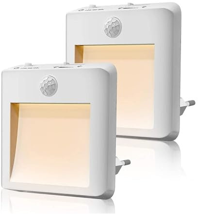 Luz nocturna con toma eléctrica, [lote de 2] lámpara nocturna automática, luz nocturna LED con detector de movimientos, iluminación ideal para habitación infantil, bebé, cocina, salón, pasillo,