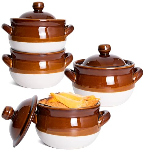 Vuma French Onion Soup Bowls with Lids and Handles, 22 oz Ceramic Soup Crocks for Chilli, Cereal, Pot Pies - French Onion Soup Crocks, Oven, Broil & Dishwasher Safe, Set of 4