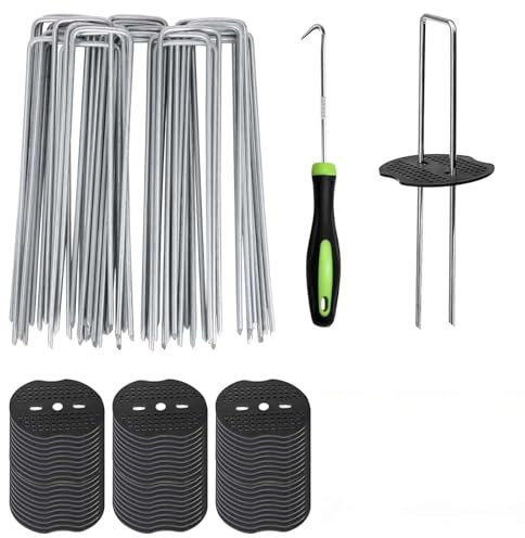 60Pcs Weed Control Membrane Pegs + 60Pcs Buffer Washer, 6/150mm Weed Control Membrane Pegs with Gasket Metal Garden Landscape Staples for Weed Barrier Sod Fabric Decorations (60pcs)