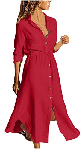 WOXIHUAN Abito Estivo Donna T-Shirt Casual Vestito Senza Maniche Abiti Corto Scollo a V Abiti da Spiaggia Abito Etnica Casual Elegante Vestiti Tunic Maxi Abito Rosso S
