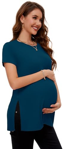 Smallshow Women's Short Sleeve Maternity Clothes Side Split Ribbed Pregnancy Top,Teal,M