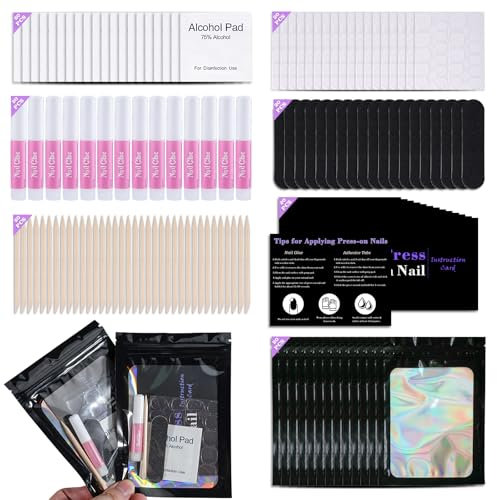Disposable Nail Supplies Kits,Professional Manicure Press On Nail Tool Kit With Nail File,Adhesive Tabs,Nail Glue,Sticks, Prep Pads,Bags,Cards for Nail Business(Black-140pcs20set)
