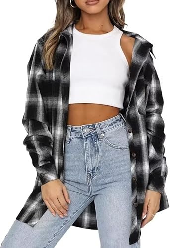 LACOZY Women's Long Roll Up Sleeve Cotton Flannels Plaid Shirts Classic Fit Button Down Shirt Blouses with Pockets Black 2XL