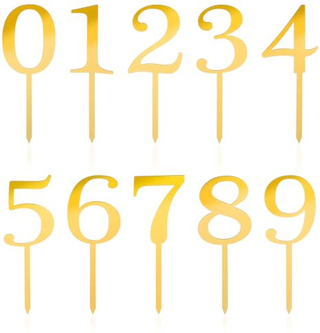 Ymapinc Lot de 10 décorations de gâteau en acrylique avec chiffres de 0 à 9 pour anniversaire, Noël, fête de mariage, anniversaire de mariage Doré