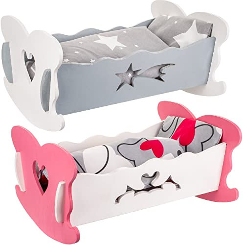 alles-meine.de GmbH Puppenbett/Puppenwiege - aus Holz - mit Bettzeug - 37 cm lang - Wiegenset - Holzwiege aus Buntem Naturholz - Herz Bett - Puppen klein groß Zubehör - Matrat..