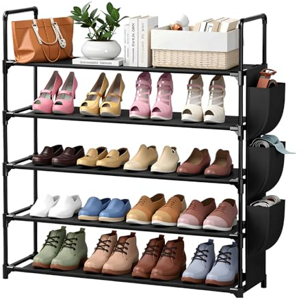 Dokeno Estante para Zapatos de 5 Niveles, Organizador de Zapatos Desmontable con Bolsillos Laterales para 20-25 Pares de Zapatos, Estantería de Zapatos de Metal para Armario, Entrada o Garaje, Negro