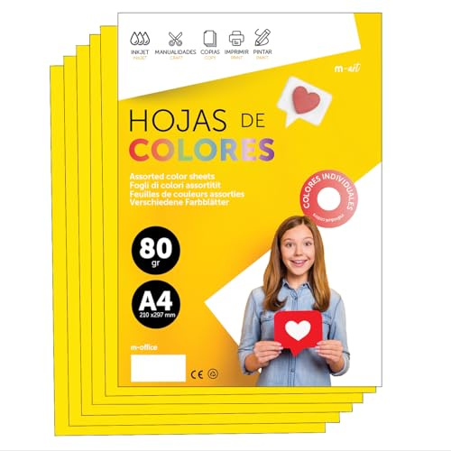 Papier A4 Couleur - Feuilles A4 80g Pour Imprimante Jet d'Encre et Laser, Ramette Papier Pour Loisirs Créatifs, Bricolage et Décoration M-office (100 feuilles, Jaune Intense)