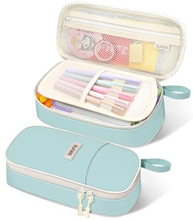 SUNEE Large Capacity Pencil Case with Compartments and Handle, Aesthetic Pen Pouch Organizer, Big Storage Portable Pencil Bag for Girls, Boys, Adults, School and Office Stationery Supplies, Mint Green