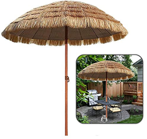 Parasol de terrasse d'extérieur de 240 cm, parasol de table de marché pour restaurant, café, piscine, bar, terrasse, mât de 32 mm, fonction d'inclinaison, design paille, résistant aux intempéries et