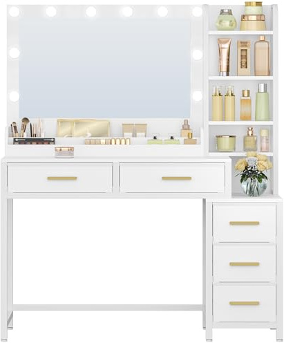 HEXCELEN Schminktisch, Schminktisch mit Groß Spiegel, Frisiertisch mit 5 Schubladen, 5 Offenen Fächern, Stauraum vor Dem Spiegel, Weiß, 40 × 110 × 141 cm
