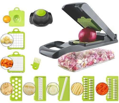 Grönsakshackare, 14-i-1 mandolin med utbytbara blad i rostfritt stål, justerbar grönsaksskärare med handskydd, julienrivjärn för lök, potatisfrukt, sallader