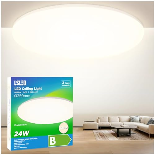 L5L3D LED Deckenleuchte Φ35cm, IP54 Wasserfest, 195 lm/W 4450LM 24W 4000K Neutralweiß, Rahmenloses Design für Küche, Badezimmer, Wohnzimmer, Flur, Keller und Balkon (mit Energieklasse-B Lichtquelle)