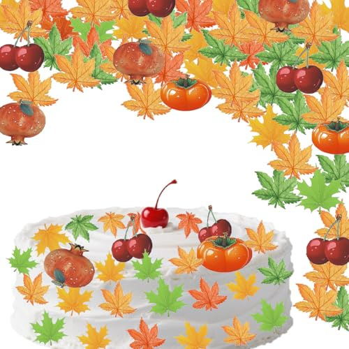 74 piezas de hojas de arce para magdalenas,Adorno para Tartas, decoración de tartas,para fiestas temáticas de otoño(Cereza, granada, caqui, hoja de arce)